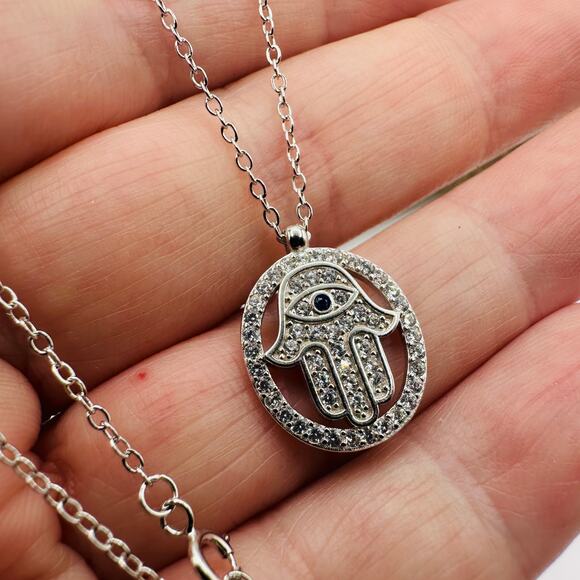 Hamsa Sterling Silver CZ Necklace-Protection Jewelry - Picture 6 of 7